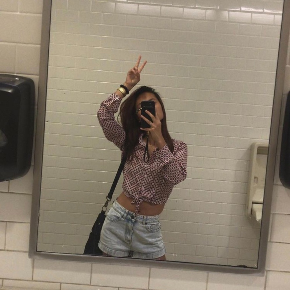 Red and white crop button down
